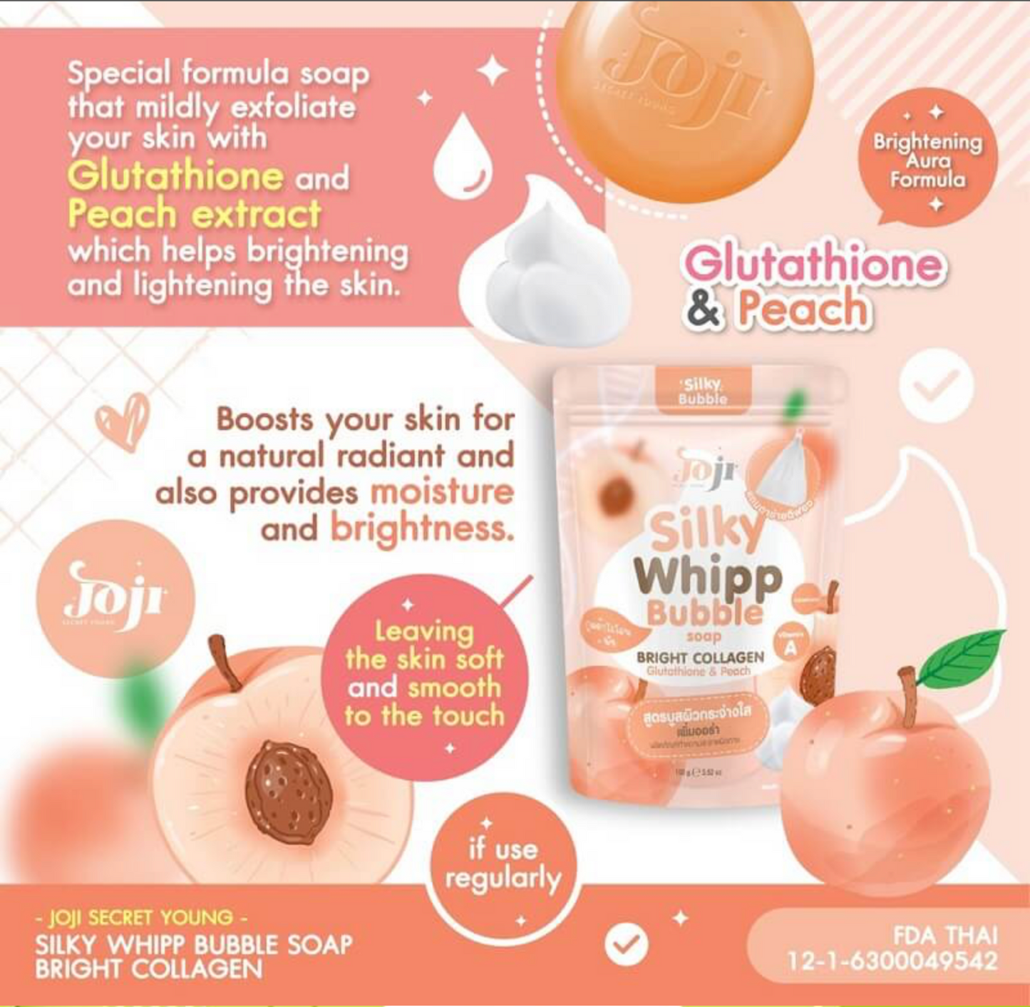 Joji Silky Whipped Cream Bubble Soap β Bright Collagen Glutathione & Peach 100g